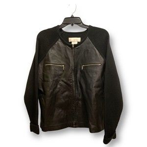 Vtg Black Ribbed Leather Cardigan Jacket Sweater Sz L A4 Academia Biker Goth